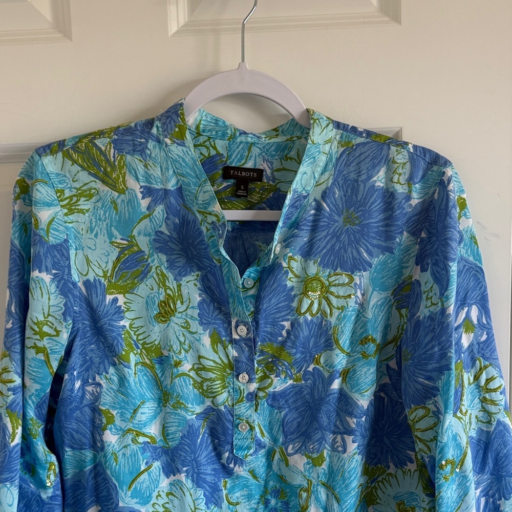 Talbot's 100% Lyocell Floral Beaded Blue and Green Top Size Small